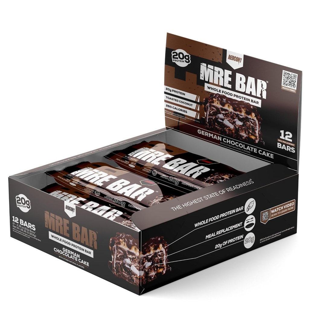 REDCON1 MRE Protein Bar, Nemška čokoladna torta - Vsebuje MCT olje + 20g celih živilskih beljakovin - enostavno prebavljiva, makro uravnotežena nizko sladkor obrok nadomešča Bar (12 Barov)