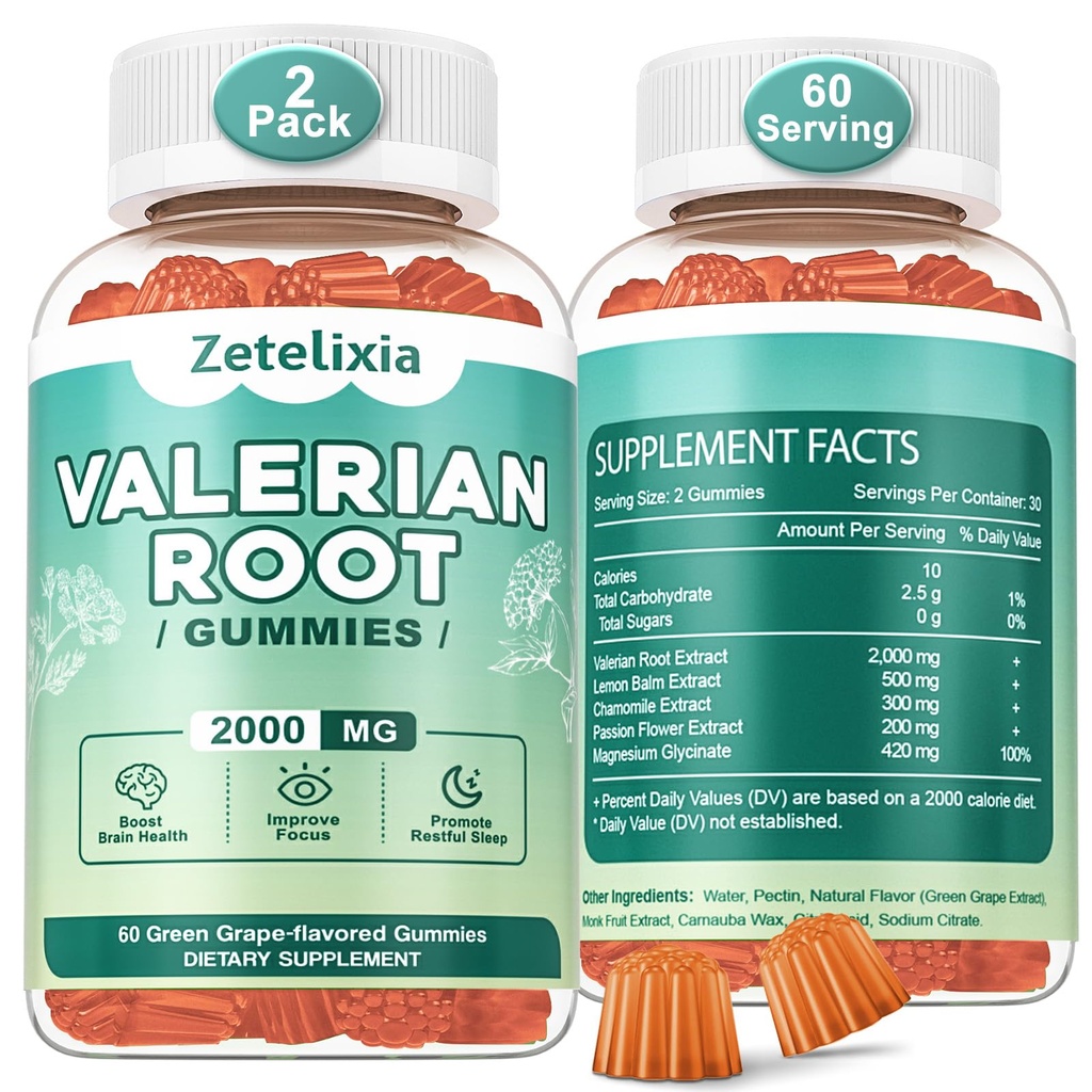 2 Pack Organic Valerian Root Gummies, Natural Calm to Help Relaxation, Zeliščni dodatek za podporo razpoloženja, Melatonin Free, Non-GMO, Gluten Free, Vegan, Zeleno grozdje Flavor, 120 Count