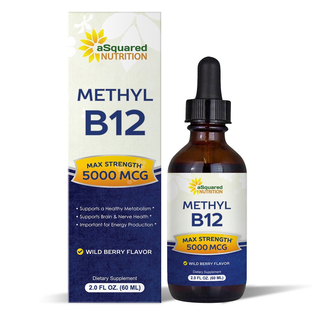 aSquared Nutrition Vitamin B12 Podjezične tekoče kapljice - 5000 MCG dodatek z metilkobalaminom (metil B-12) - Max Absorpcija B 12 za povečanje energije - Vegan prijazno - 2 fl oz