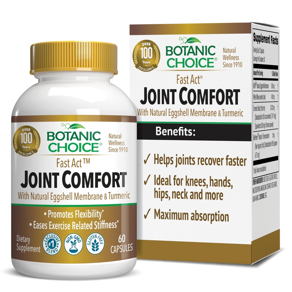 Botanic Choice Fast Act Joint Comfort z NEM Natural Eggshell Membrane, Kurkumin, Bioperine, & White Willow Bark, podpira skupno zdravje, 60 500 mg kapsule
