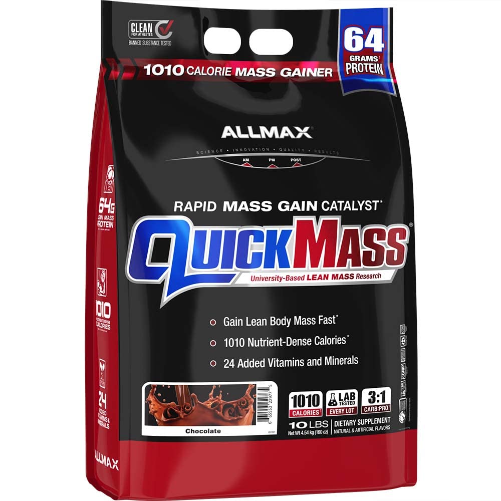 ALLMAX QUICKMASS, čokolada - 10 lb - Hiter masni dobiček Katalizator - do 64 gramov beljakovin na serviranje - 3:1 Carb to Protein Ratio - Zero Trans Fat - Do 70 Servingov