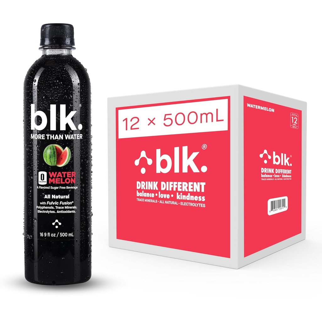 Blk. Naravna mineralna alkalna voda, lubenica, 500 ml Pakiranje po 12, 8 pH vode, izvleček fulvične in huminske kisline, trace minerali, elektroliti do hidrata, popravila in obnova celic