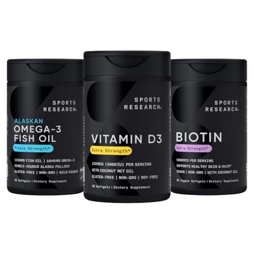 Športne raziskave Triple Jakost Omega 3 Ognjemetno ribje olje 1250mg iz Wild Aljaska Pollock, Vitamin D3 5000 IU s Coconut MCT olje (125mcg) in Vegan Biotin 5000mcg Vitamin B7-30 Softgels vsak