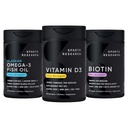 Športne raziskave Triple Jakost Omega 3 Ognjemetno ribje olje 1250mg iz Wild Aljaska Pollock, Vitamin D3 5000 IU s Coconut MCT olje (125mcg) in Vegan Biotin 5000mcg Vitamin B7-30 Softgels vsak