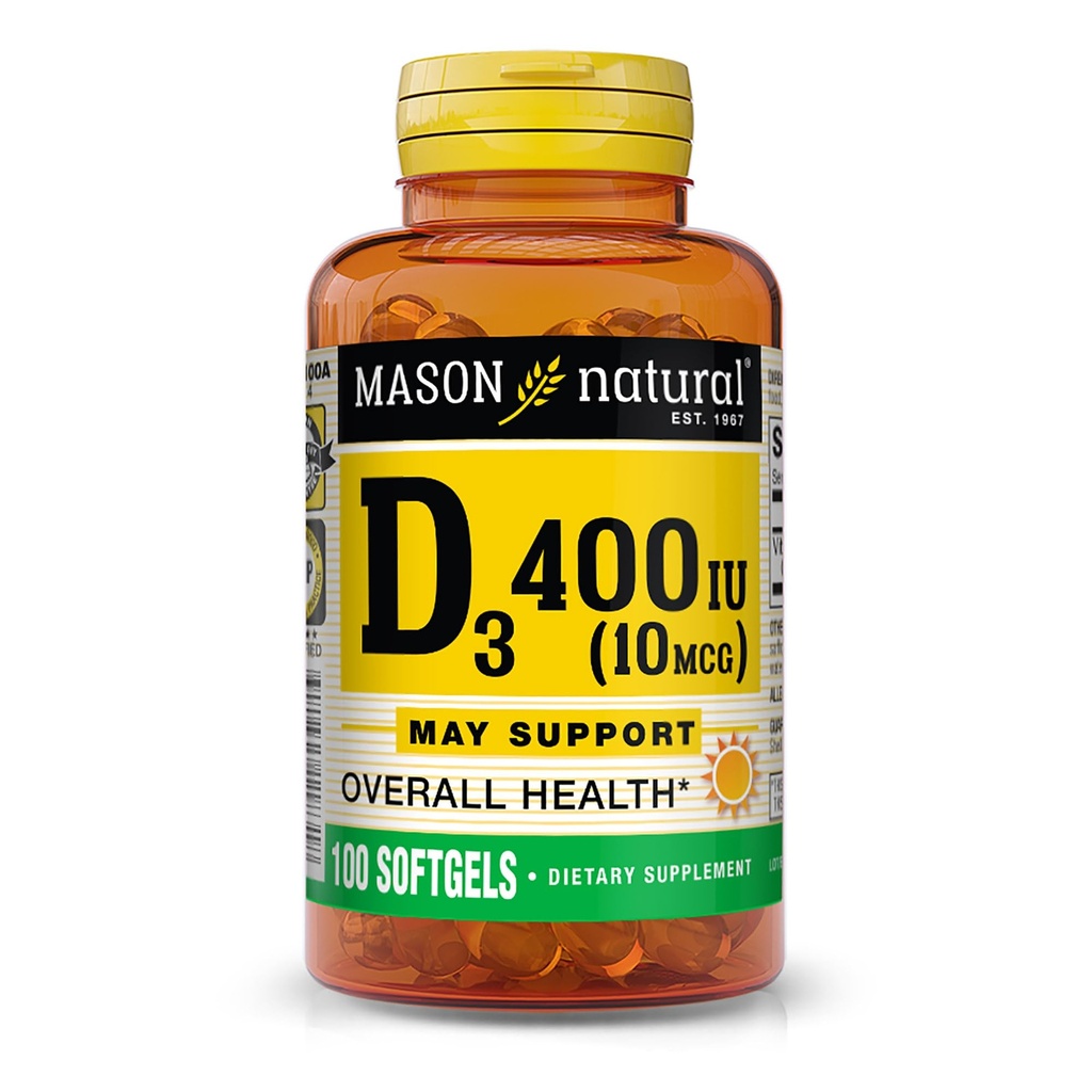MASON NARAVNI Vitamin D3 10 μg (400 i.e.) - Podpira splošno zdravje, krepi kosti in mišice, 100 Mehkužci
