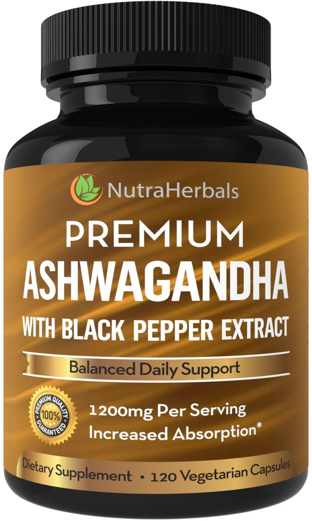 Ashwagandha dodatek Made with Premium Ashwaganda Root Powder 1200mg with Black Pepper Extract za povečano absorpcijo - 120 Vegi kapsule