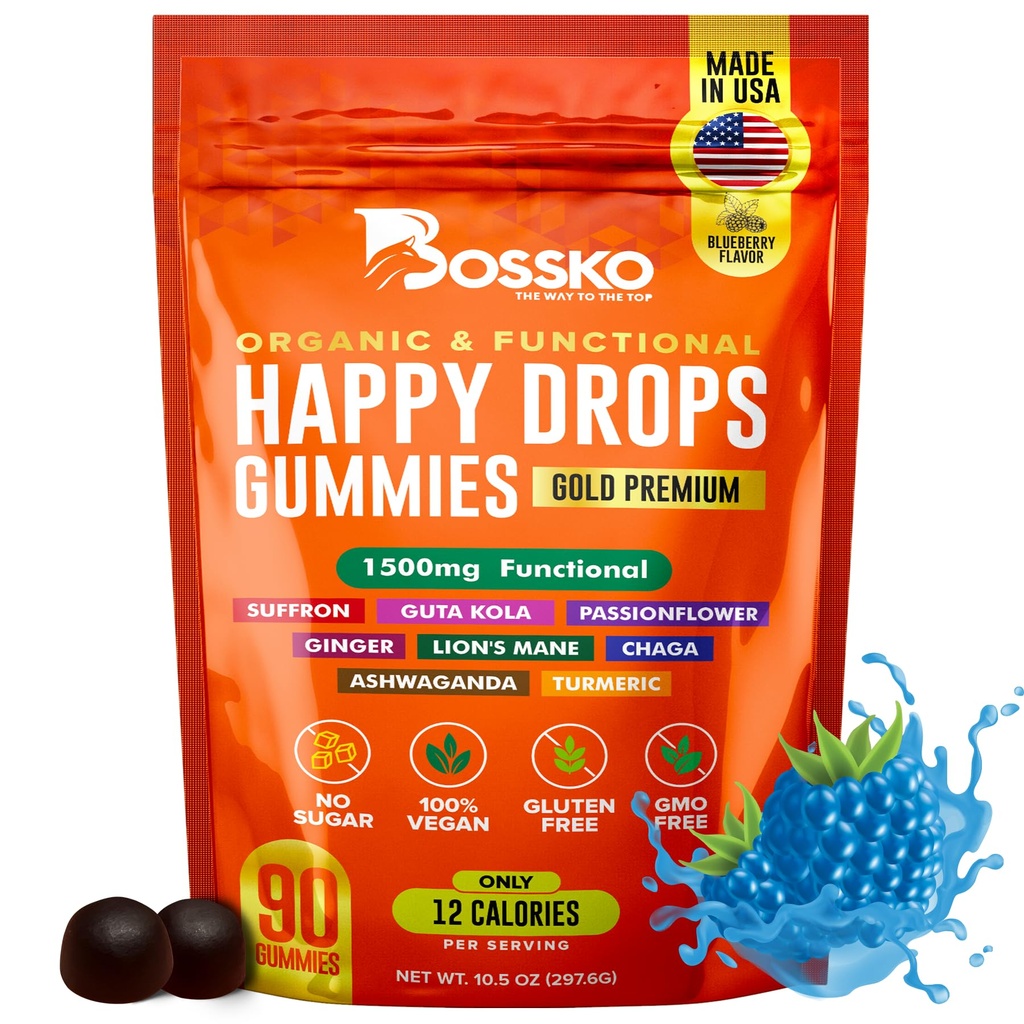 Vesele kapljice – Daily Superfood Gummies for Mood Support, Focus and Energy – Sugar-free, Vegan, borovničeva aroma – 90 Gummies for Adults – Dnevna podpora razpoloženju, fokusu in naravni energiji