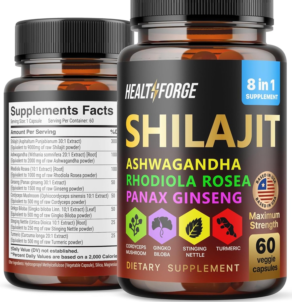 Shilajit kapsule Organski ekstrakt Mešanica 60 kapsul za moške in ženske - Shilajit dodatek 9000mg Ashwagandha, Imunska podpora Dopolnilo 2000mg Rhodiola dodatek, Ginko Ginkgo Biloba