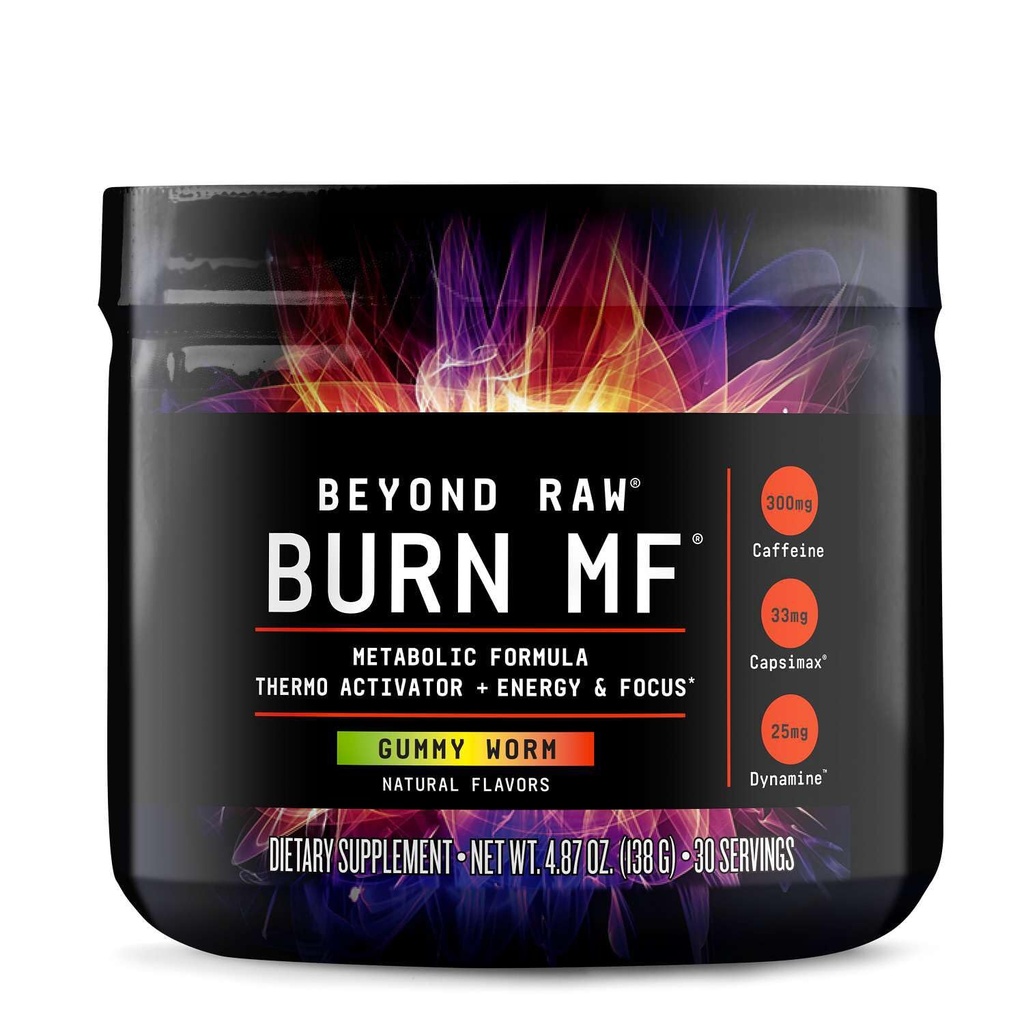 BEYOND RAW Burn MF, Metabolic Formula, Termo Aktivator, Podpira energijo in fokus, Gummy Worm, 30 Servis