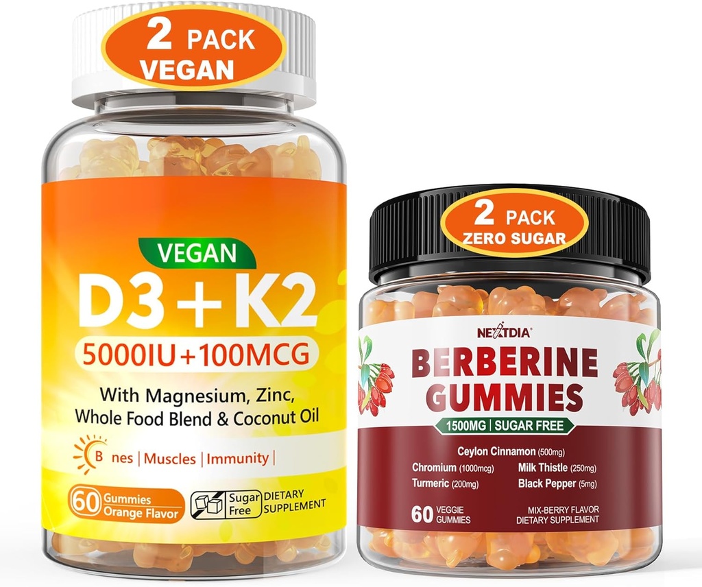 2Pack Vegan Vitamin D3 5000IU K2 Gumies+ 2Pack Berberine Dodatek 1500mg Gumies