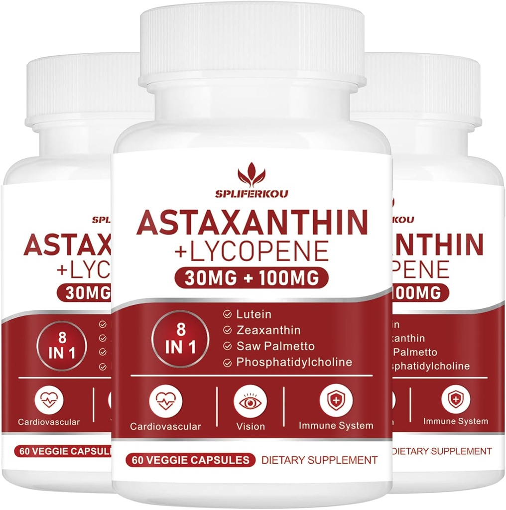 Astaksantin in likopen 70 mg,Astaksantin dodatek s fosfatidilholinom, luteinom in zeaksantinom, zmogljivi antioksidanti (180 kapsul)