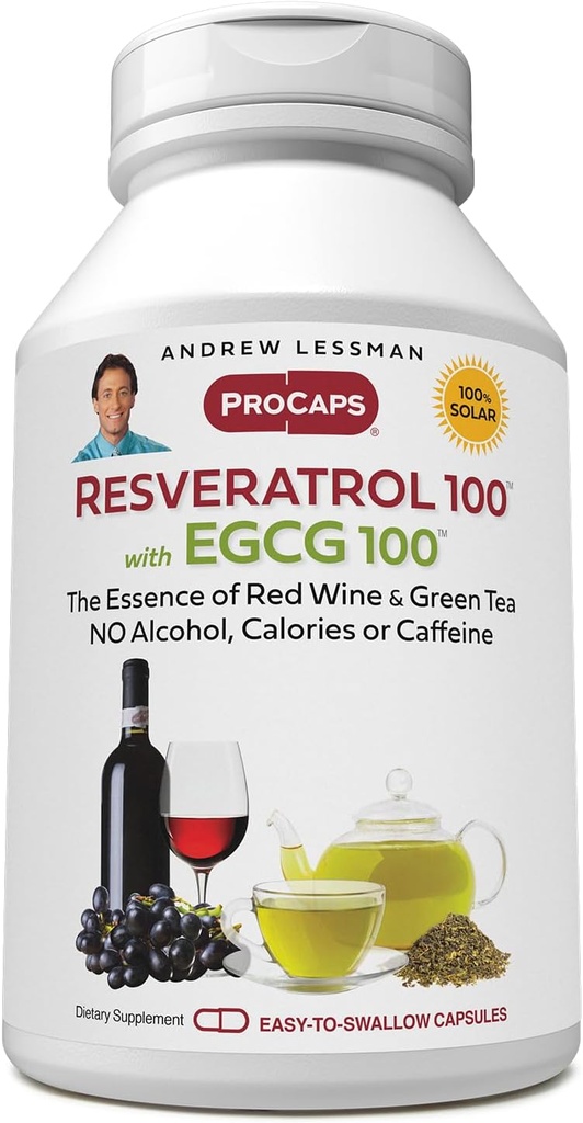 ANDREW LESSMAN Resveratrol-100 EGCG 100mg - 360 Kapsule - Dve naravno prisotni antioksidanti, brez alkohola ali kofeina.