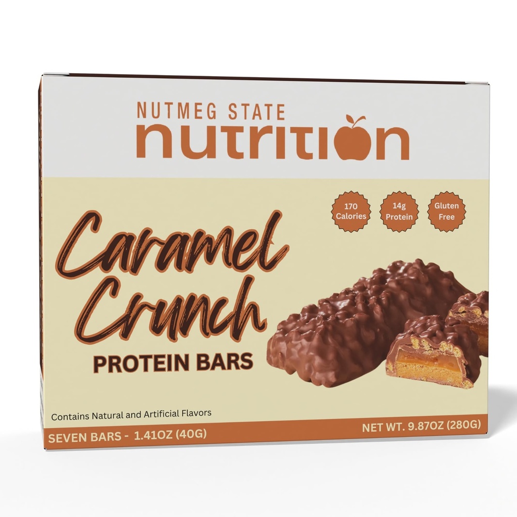 Nuttmeg State Nutrition - čokoladice z visoko vsebnostjo beljakovin, brez glutena, nizko vsebnostjo holesterola, nizko vsebnostjo natrija, nizko vsebnostjo sladkorja, kompatibilne idealne beljakovine, 7 serverjev na škatlo (karamelni Crunch)