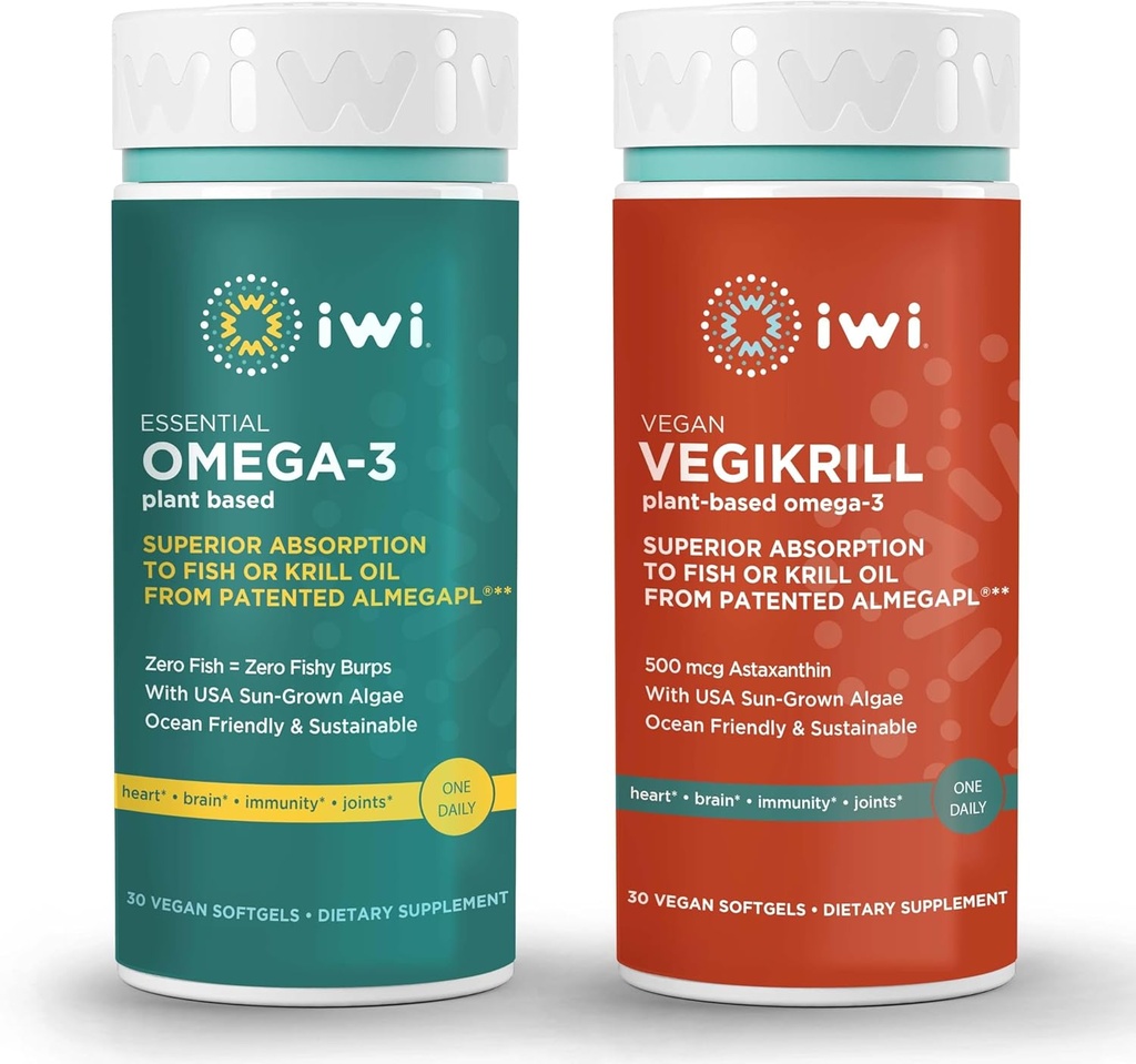 Iwi Omega-3 Essential & Vegikrill Omega-3 Bundle, 30 Služabniki, Vegansko rastlinsko osnovani Algae Omega 3, Krill & ribje olje Alternative, Brez ribjega pookusa