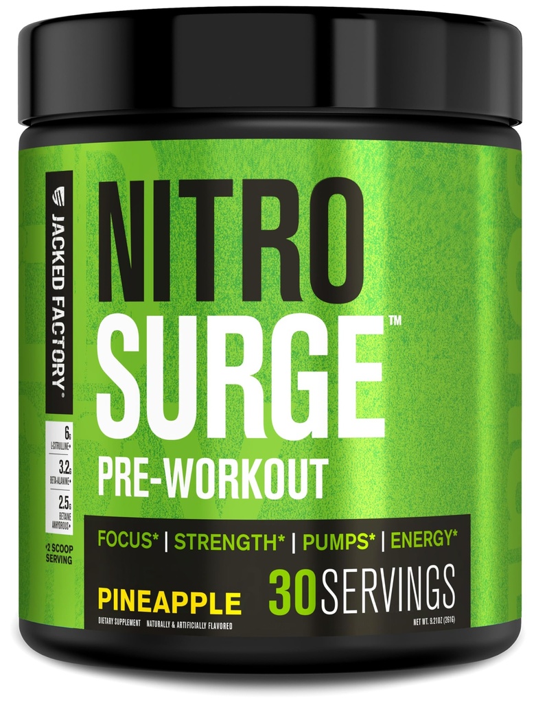 Jacked Factory NITROSURGE Pre Workout dodatek - Neskončna energija, Instant moč pridobi, Jasno Fokus, Intenzivno črpalke - NO Booster & Močni Preworkout Energy Powder - 30 Servings, Ananas