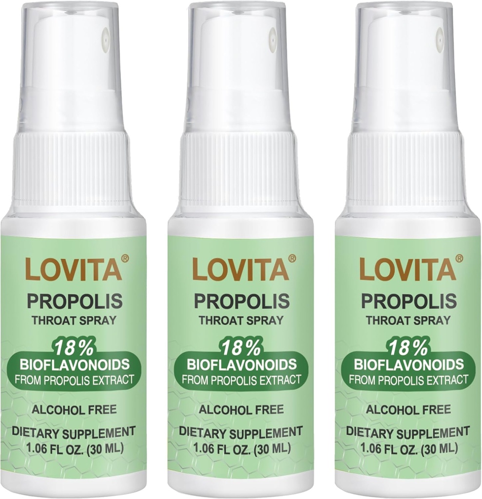 LOVITA Bee Propolis Pršilo za grlo 250mg, Bee Propolis Extract z 18% Bioflavonoidi, Brezalkoholni antioksidant, Imunska podpora & Relief za grlo, Gluten-free, Non-GMO, 1 Fl Oz, 90 dnevna dobava