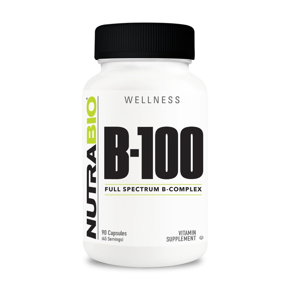NutraBio B-100, B Vitaminski kompleks, Imunski sistem Podpora, Zdrave lase, Koža, Nohti, 90 Zelenjavne kapsule