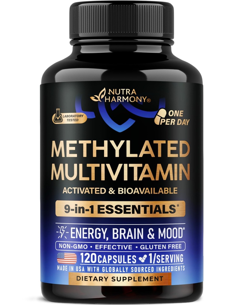 Metilirani multivitamin - B2, B6, 5-MTHF & B12  Dodatek s TMG - energijo, možgani in razpoloženjem - Vegan - izdelan v ZDA - 120 kapsul