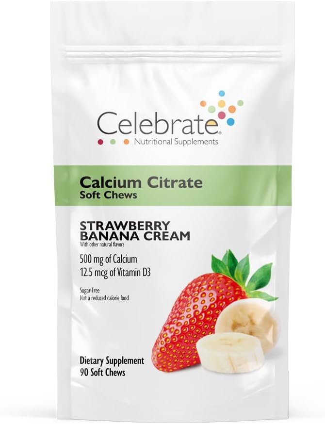 Proslavite vitamine Bariatric 500mg Kalcijev citrat Soft Chews s 500 i.e. vitamin D3 – Bistveno za Gastric Bypass Bolniki in zdravje kosti - Sladkor & Gluten brez, Jagodna banana krema (90 Chews)