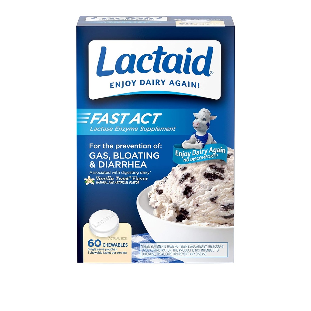 LACTAID Hitro dejanje Žvečilni izdelki Vanilla Twist 60 ea (paka 3)