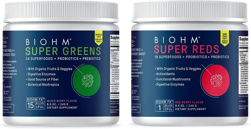 BIOHM Super rdeči in zeleni paket, Super hrana prašek s probiotiki in prebavnih encimov, pakiran z antioksidanti in polifenoli, Alergen brezplačno, ne-GMO, Vegan - 30 Serving vsak
