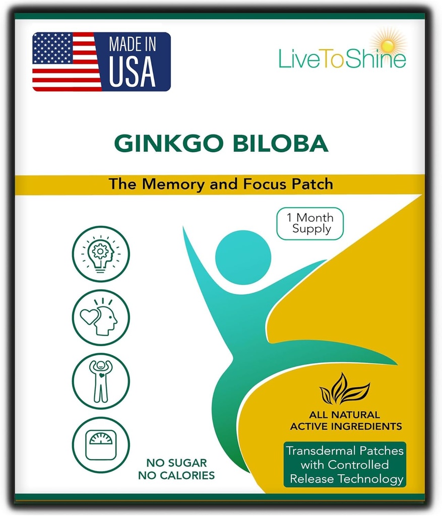 Live To Shine Ginkgo Biloba Patch - 30 Gingko Transdermal obliži - En mesec dobava za ženske in moške - ZDA Made