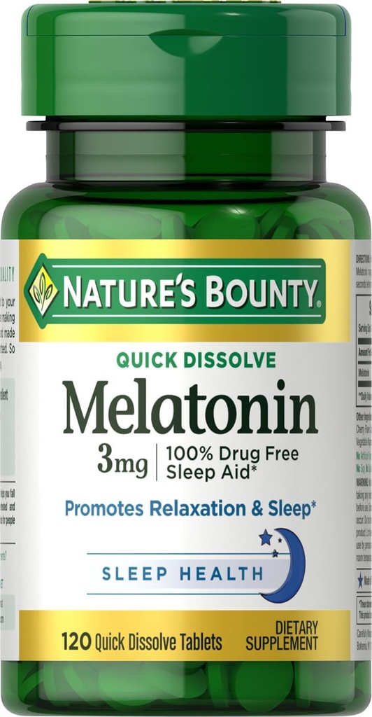 Bounty melatonin narave, spodbuja sprostitev in spanje, 100% brez drog pomoč za spanje, 3 mg, 120 hitro raztopi tablete