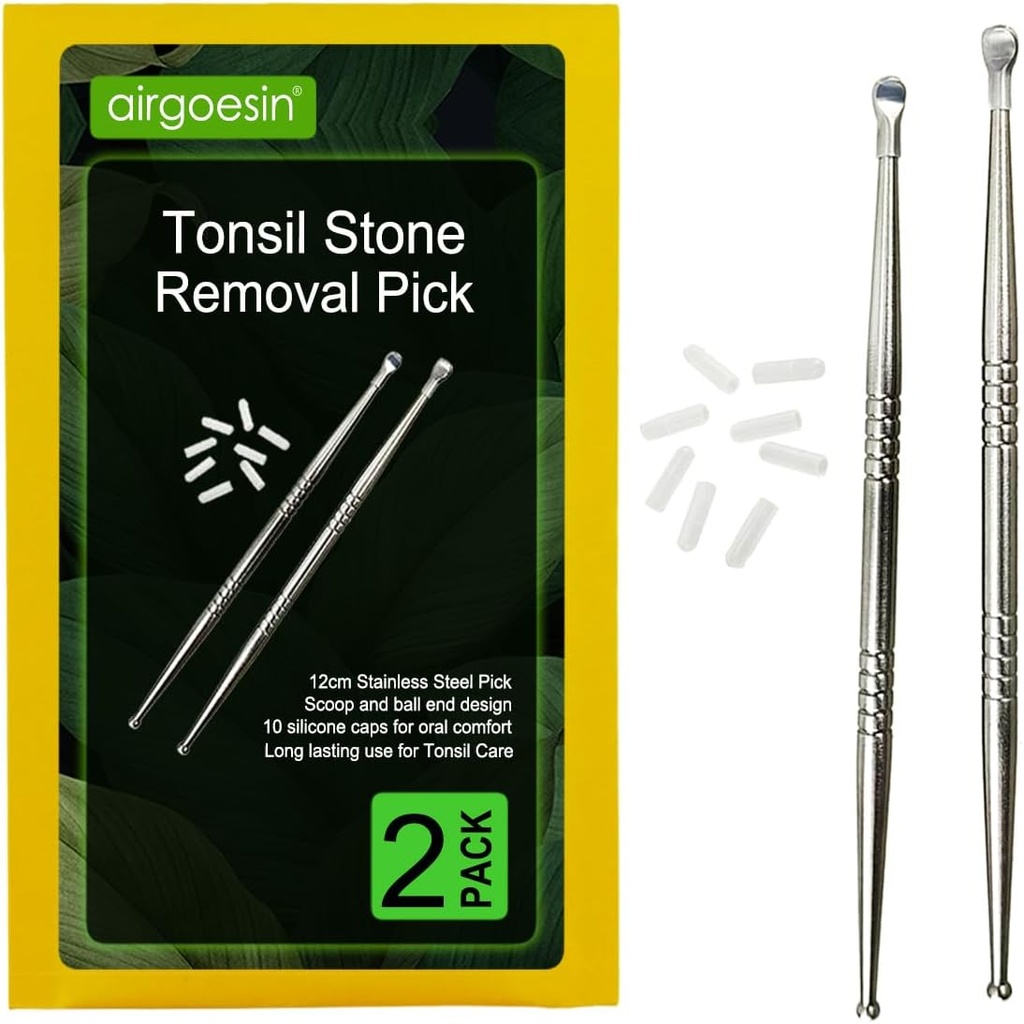 Airgoesin 2pcs Tonsil Stone Removal Pick Tonsillolith Premium orodje Nerjaveče jeklo ustno čistilo z 10 mehkimi silikonskimi pokrovi