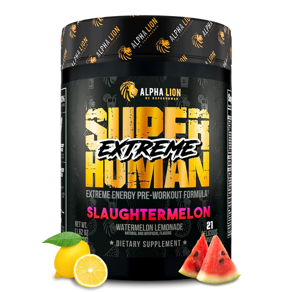 ALPHA LION Superhuman Extreme High Stim Pre Workout Powder, Beta Alanine, L-Taurin & 356mg Tri-Source Caffeine za trajno energijo, dušikov oksid in citrulin za črpalko (21 Servinga, Slaughtermelon)
