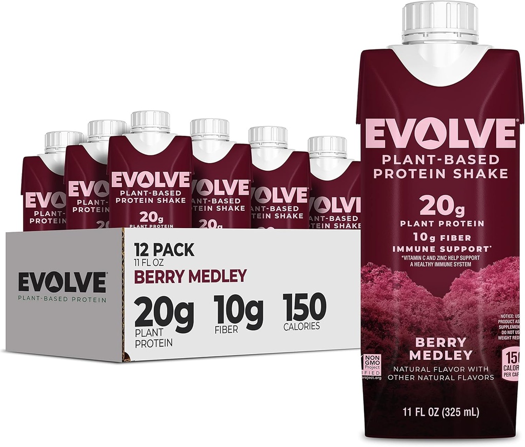 Protein Shake na osnovi Evolve, Berry Medley, 20g Vegan Protein, Imunska podpora, Vitamin C & cink, Brez mleka, Brez umetnih sladil, Ne-GMO, 10g Fiber, 11oz, (12 Pack) (Formula May Vary)