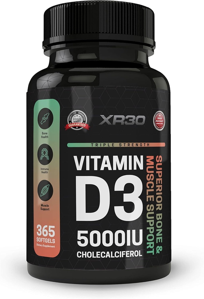 Vitamin D3 5000IU holekalciferol - Superior Bone & Muscle Support - 365 Softgels - Made in USA