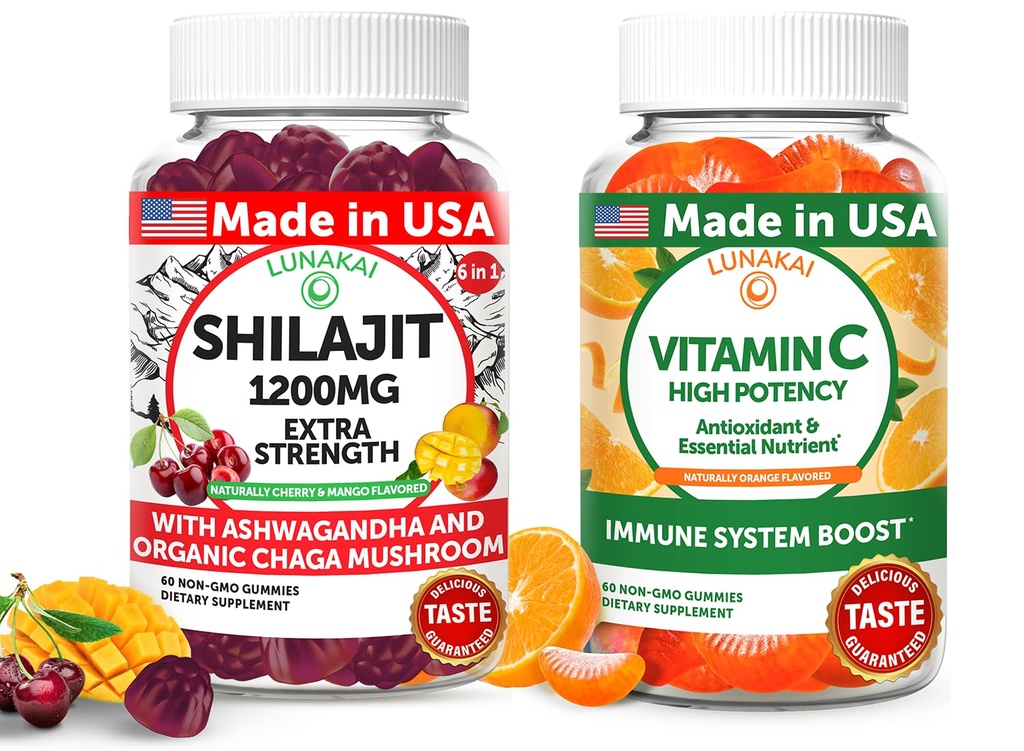 Lunakai ZDA Made Shilajit & Vitamin C Visoka moč Gummies Bundle – Energy and Immune Support – Non-GMO & Delicious