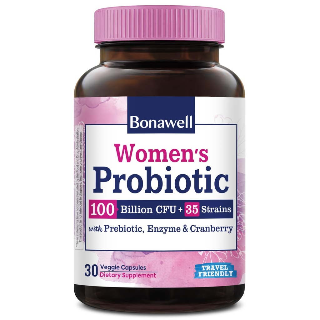 Bonawell probiotiki za ženske 100B, s prebiotiki, prebavne encime in organske brusnice za ženske vaginalno zdravje, prebava in imuniteta, povoj-stable, odložena-zaporednost, 30 Veggie Caps