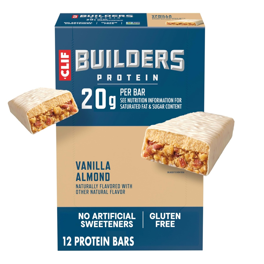 CLIF BUILDERS Beljakovinske čokoladice - vanilija mandljeva aroma - 20g na osnovi rastlinskih beljakovin - brez glutena - ne-GMO - nizko glikemična - brez umetnih sladil - 2,4 oz. (12 pakiranje)