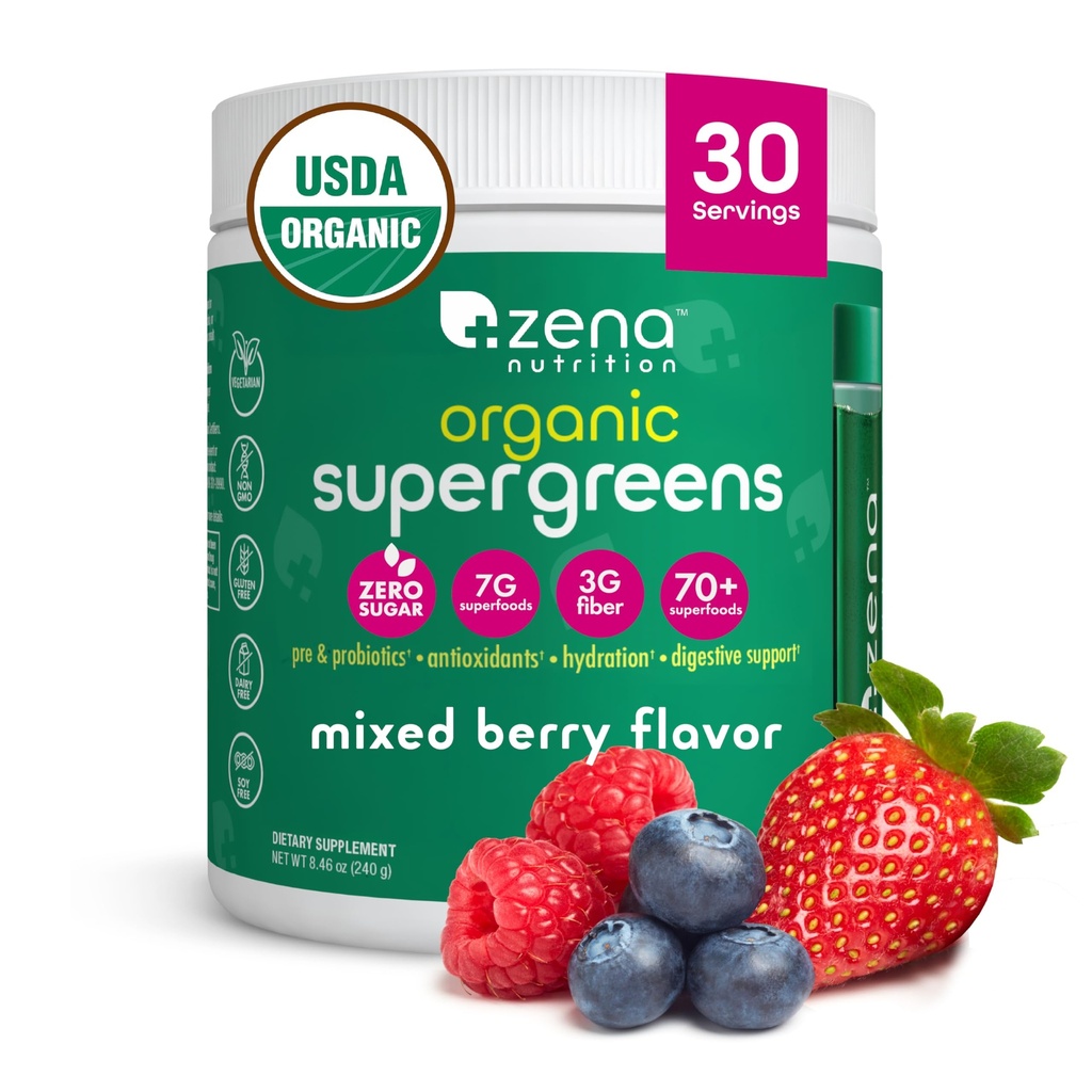 Zena Nutrition Organic Super Greens Powder, 70+ Superfoods, 0 Sladkor, 3G Fiber, Spirulina, Klorella, Antioksidanti, Prebiotiki/Probiotiki, Prebavni encimi, Mešana Berry, 30 Servinges