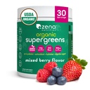 Zena Nutrition Organic Super Greens Powder, 70+ Superfoods, 0 Sladkor, 3G Fiber, Spirulina, Klorella, Antioksidanti, Prebiotiki/Probiotiki, Prebavni encimi, Mešana Berry, 30 Servinges