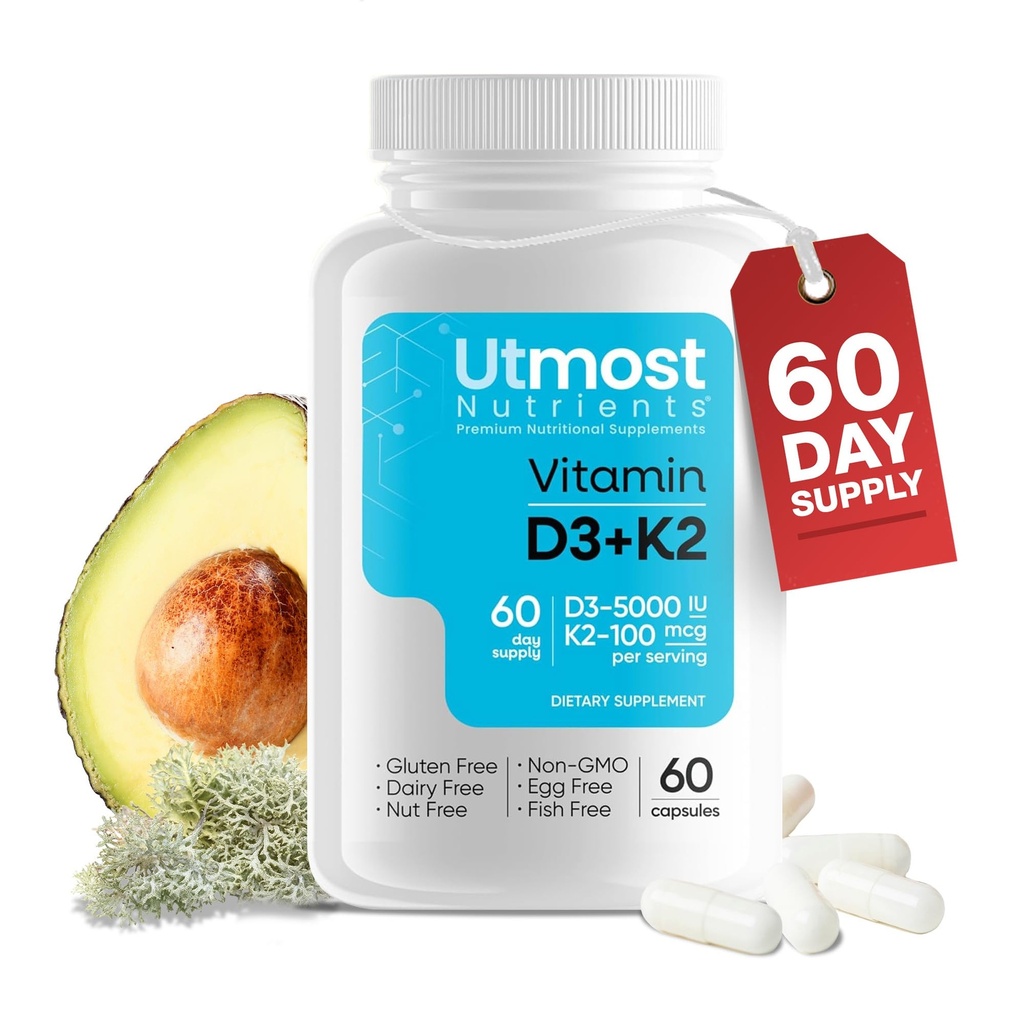 Vitamin D3 s K2–5000iu Vitamin D in 100 μg Vitamin K dodatek v eni kapsuli za največjo biološko razpoložljivost – izboljša kalcijevo absorpcijo za kardiovaskularno, imuno in zdravje kosti (60 kapsul)