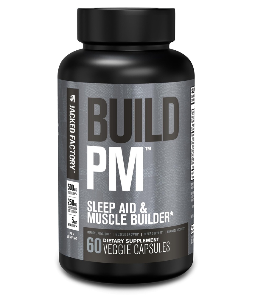 Jacked Factory Build PM Night Time Muscle Builder & Pomoč za spanje - Post Wordout recovery & podpora za spanje dodatek w/VitaCherry Tart Cherry, Ashwagandha, & Melatonin - 60 naravne Veggie tablete