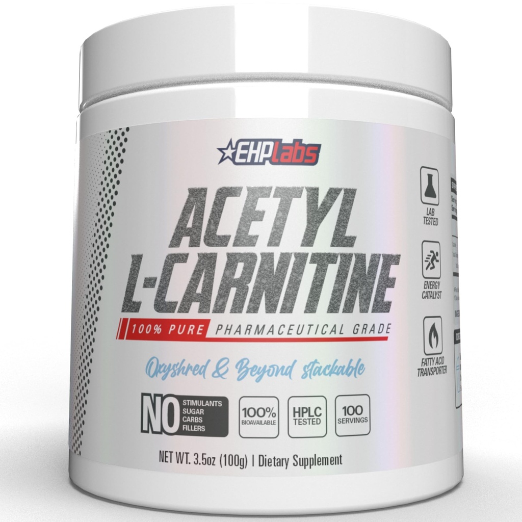 EHP Labs Acetil L Carnitine Powder - Podpira proizvodnjo naravne energije, pomaga pri zdravem delovanju možganov, podpira zdravje srca, Vegan, Gluten brezplačno, ne GSO - 100 Serving
