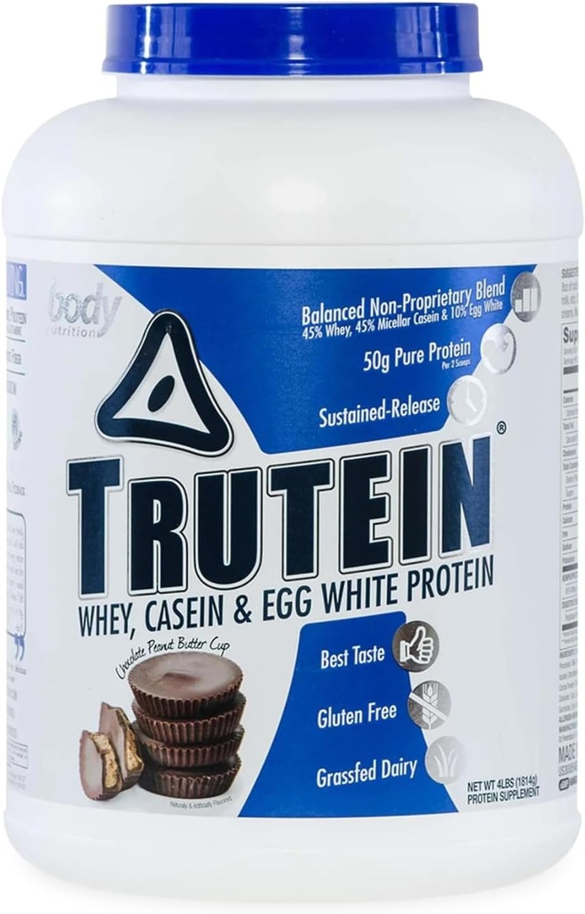 Body Nutrition Trutein High Protein v prahu: 45% Whey, 45% Kazein, 10% Jajčne bele beljakovine Shake Mix, Gluten-free, Nizko natrij, Nizko karb Beljakovine Dopolnilo za moške in ženske, Čokoladno arašidovo maslo, 4lb