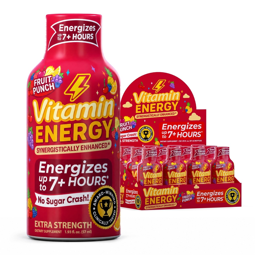 Vitamin Energy Fruit Punch Extra Strength Energy Shot, 12 Pack - Up to 7 Hrs, 260mg Natural Caffeine, Zero Sugar - Green Tea Extract, Immune Support, B12 B6 Niacin, 1.93 fl oz, Keto Vegan