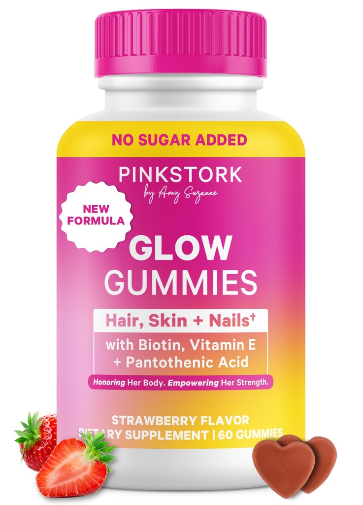Pink Stork Total Glow Gummies za ženske – Lasje, kože in nohti Vitamin z biotin, Vitamin A, B6, B12, Folat, cink & več – Podpora za Radiant kože, močne nohte in zdrave lase – 60 Berry Gummies