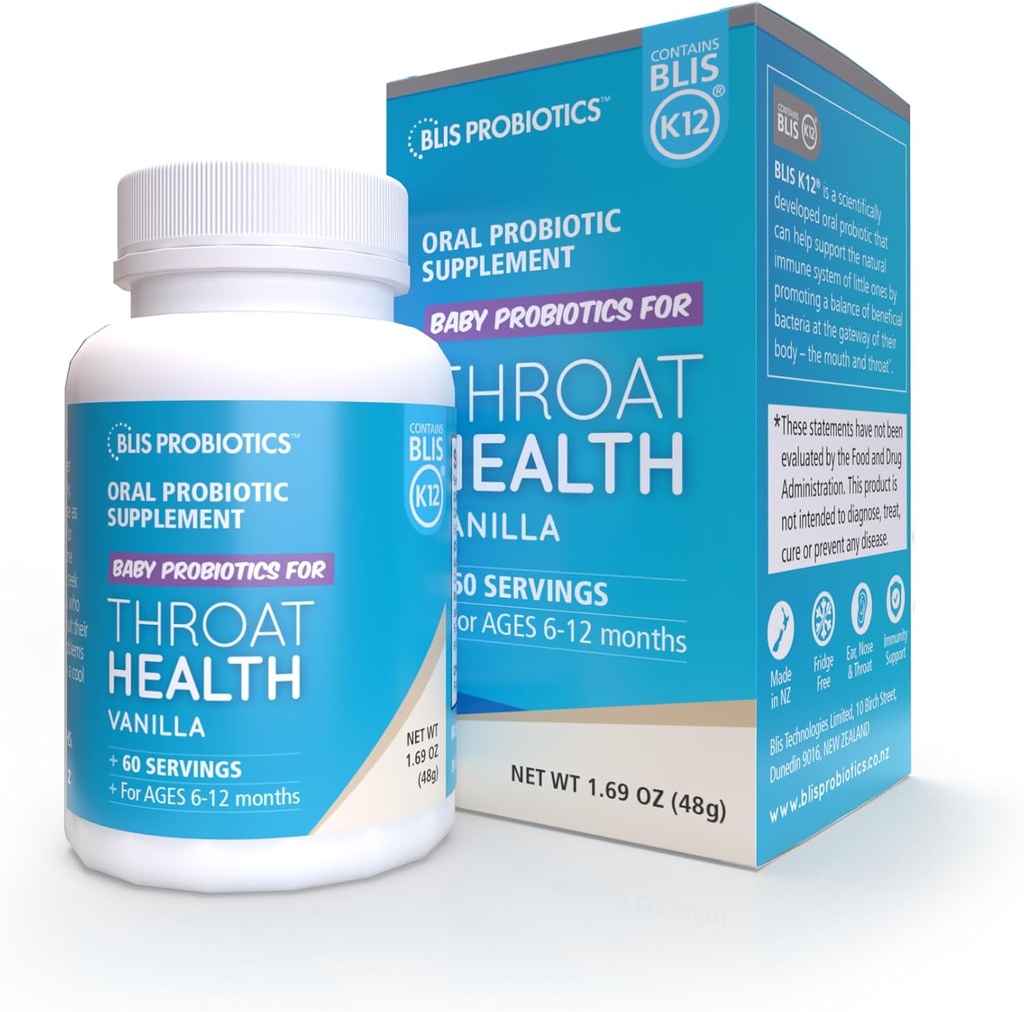 BLIS Baby ThroatHealth Probiotic prašek - K12 probiotik, uho, nos, Throat Imune Support - 60 odmerkov
