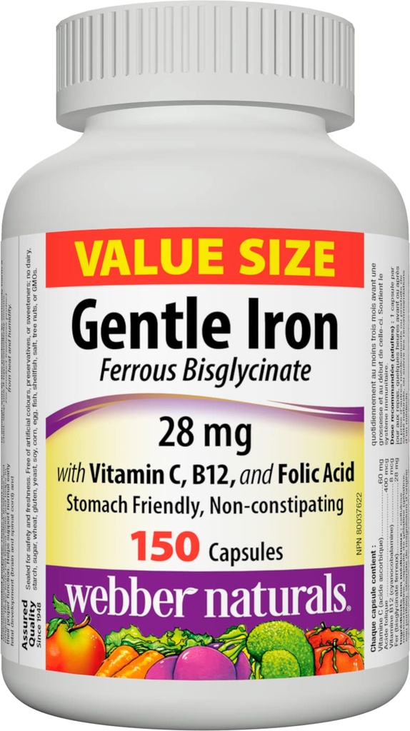 Webber Naturals Nežen železov dodatek z vitaminom C, B12 in folno kislino, 28 mg, 150 Kapsule, želodčno-prijazno, nezagotavljanje, pomaga preprečiti pomanjkanje železa anemija