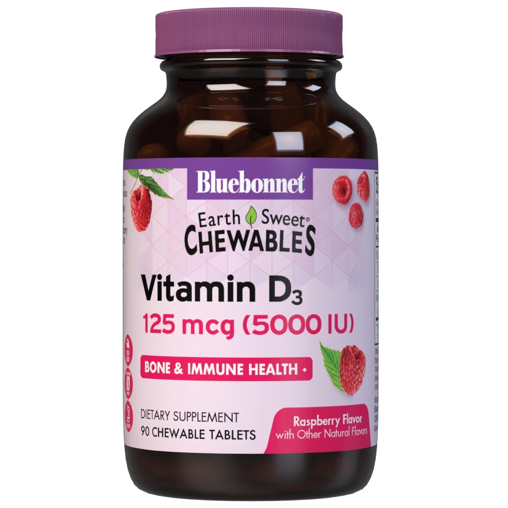 Bluebonnet Nutrition Earth Sweet Vitamin D3 5000 i.e. žvečljive tablete, Aids in Muscle & Skeletal rast, Non GSO, Gluten & Soy & mleko Free, Kosher, Raspberry, White, 90 Count