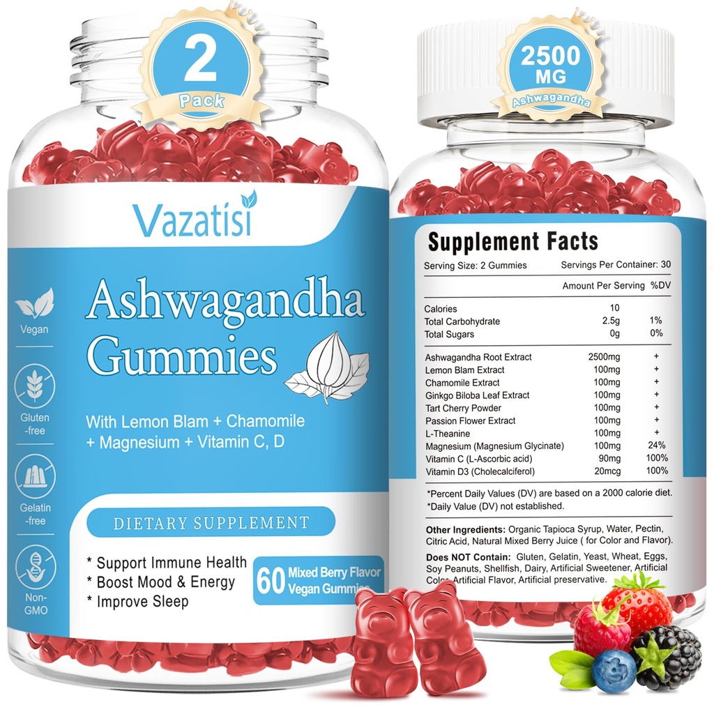 2 Pack Ashwagandha Gummies za ženske moške, Sugar Free Organic Ashwagandha Gummies dodatek za sprostitev Restore Balance, Vegan Gluten brezplačno, 120 Count