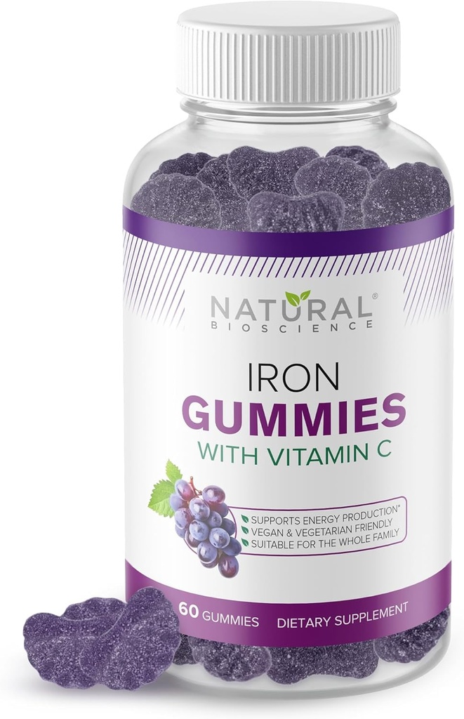 Iron Gumies z vitaminom C - Žvečilni železov dodatek za odrasle in otroke, Anemija pomanjkanja železa, podpora rdečih krvnih celic, energija, imunske funkcije, zdravje možganov, Max Absorpcija, 60 Vegan Gumies