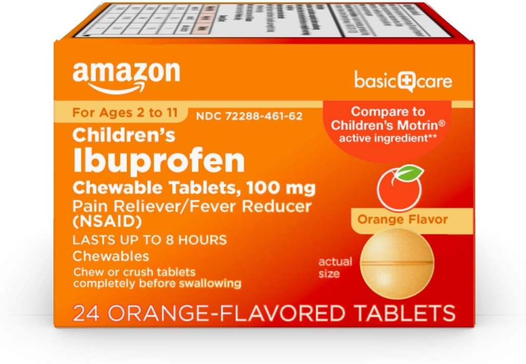 Osnovna nega otrok je ibuprofen žvečljive tablete, 100 mg, Pain Reliever in Fever Reducer, Orange Flavor, za bolečine, bolečine, boleče grlo, Zobobol in glavobol Relief, 24 Število