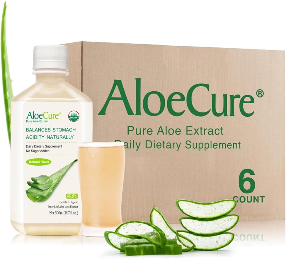 AloeCure USDA Ekološka Aloe Vera Juice narejena v 12 urah letine - Pure Aloe Juice Natural Prebavni dodatek za podporo prebavljivost, imunski sistem in uravnotežena želodčna kislina, 6 x 500ml steklenice