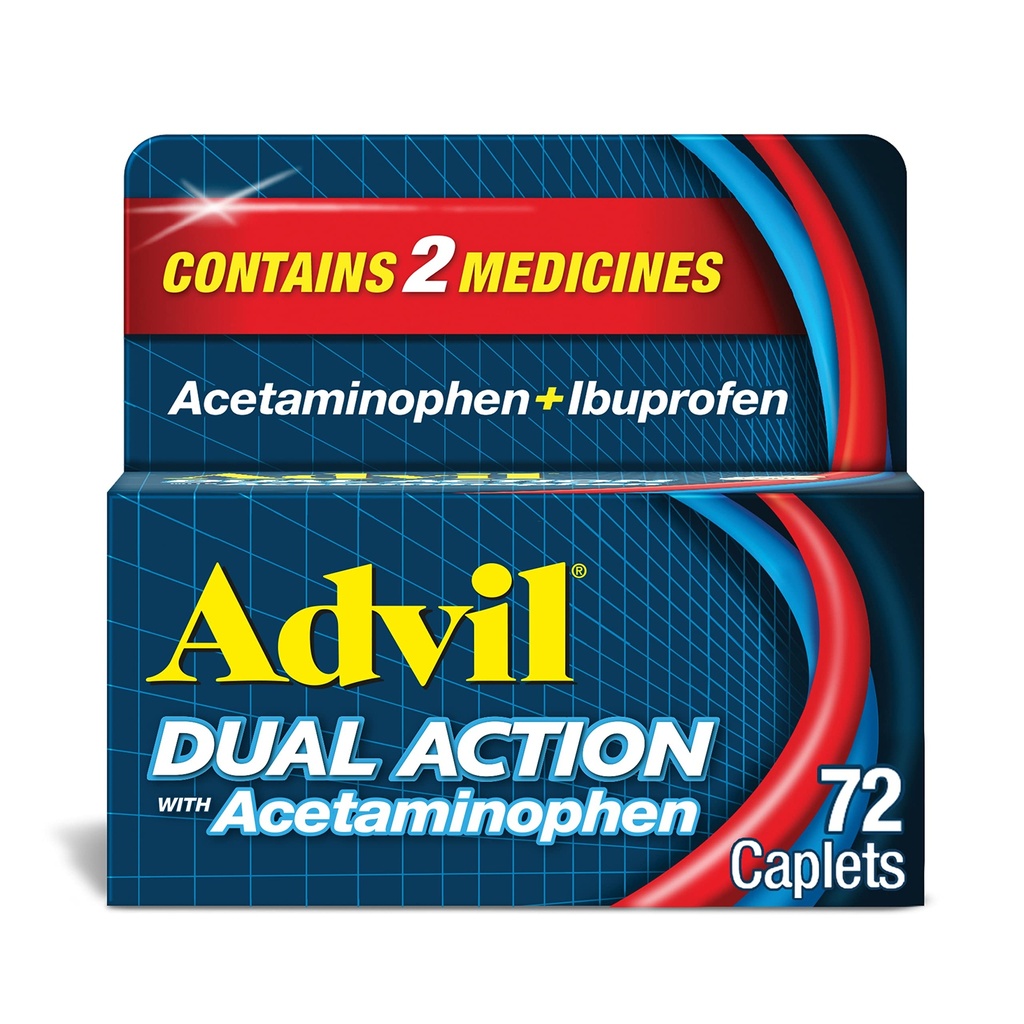 Advil Dual Action Obloženi Caplets z acetataminofen, 250 Mg Ibuprofen in 500 Mg acetataminofen na odmerek (2 ekvivalenta odmerka) za 8 urno lajšanje bolečine - 72 števk